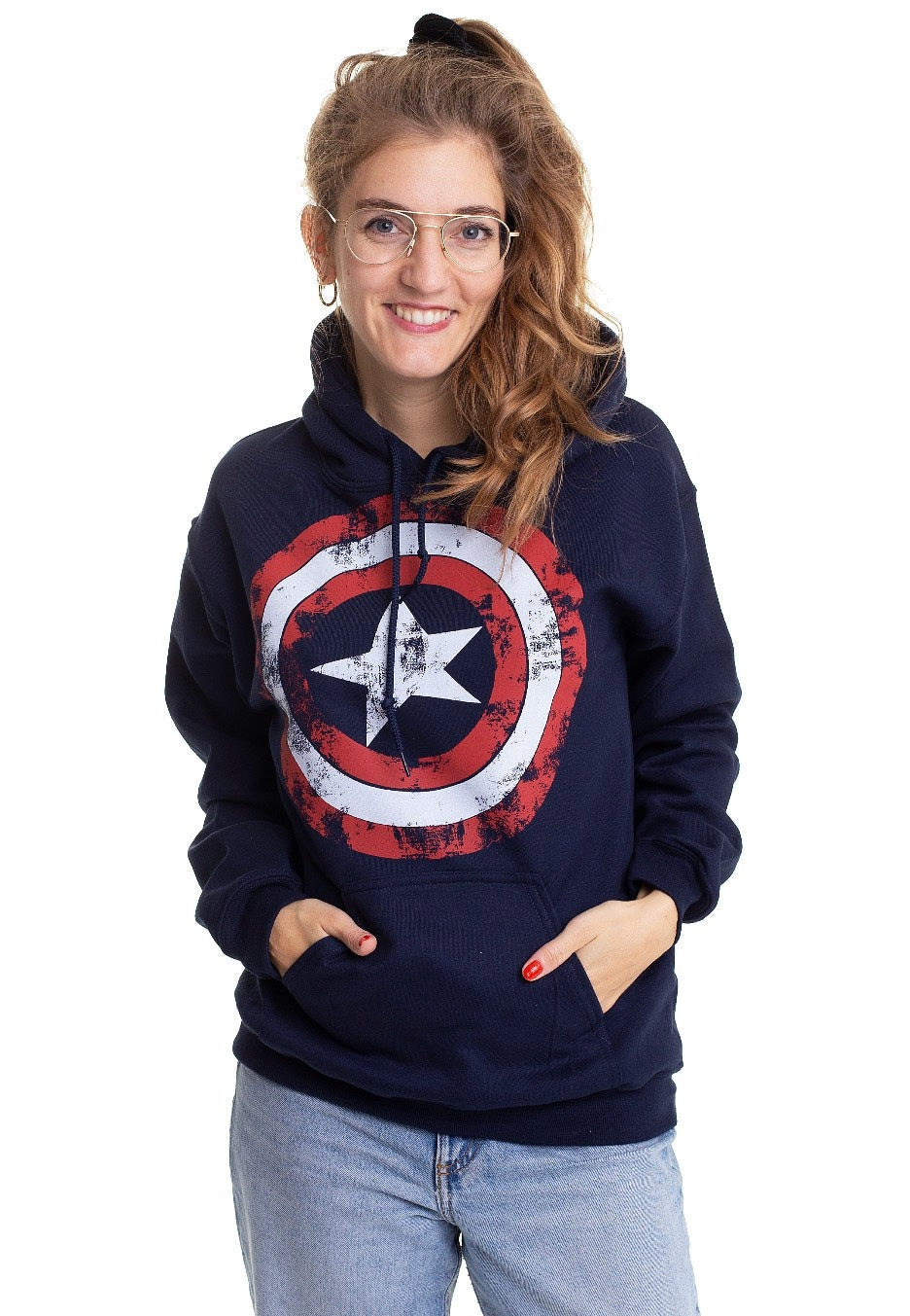Sudadera De Superhéroes · Logo Grande · modelo:capitan-america-azul-marino-mujer-modelo-01