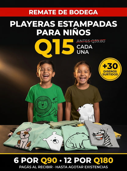 Remate de bodega: playeras estampadas para niños a Q15 cada una