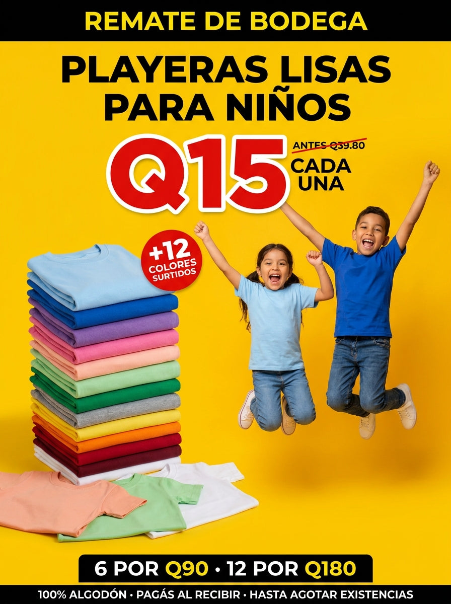Remate de bodega: playeras lisas para niños a Q15 cada una