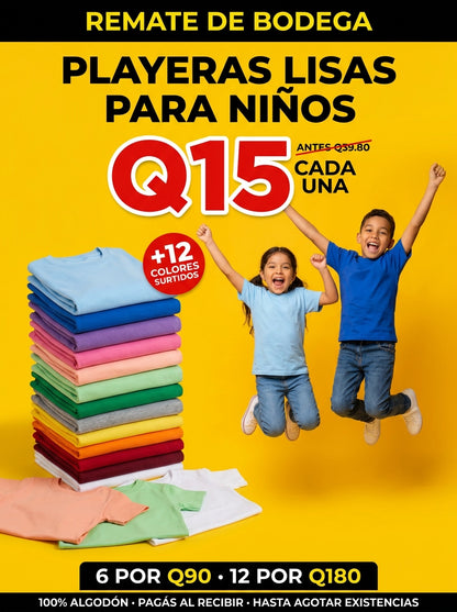 Remate de bodega: playeras lisas para niños a Q15 cada una