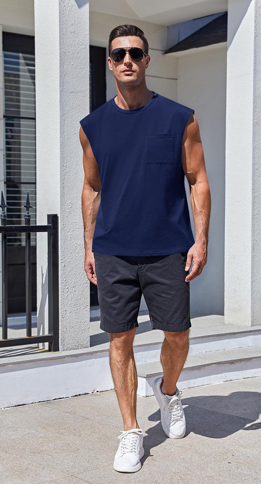 Camiseta Sin Mangas · Corte Cuadrado Con Bolsillo · entero:azul-marino