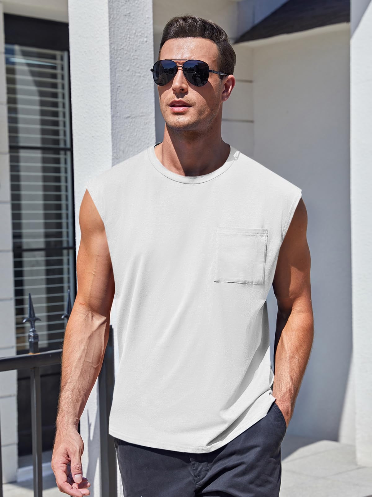 Camiseta Sin Mangas · Corte Cuadrado Con Bolsillo · modelo:blanco