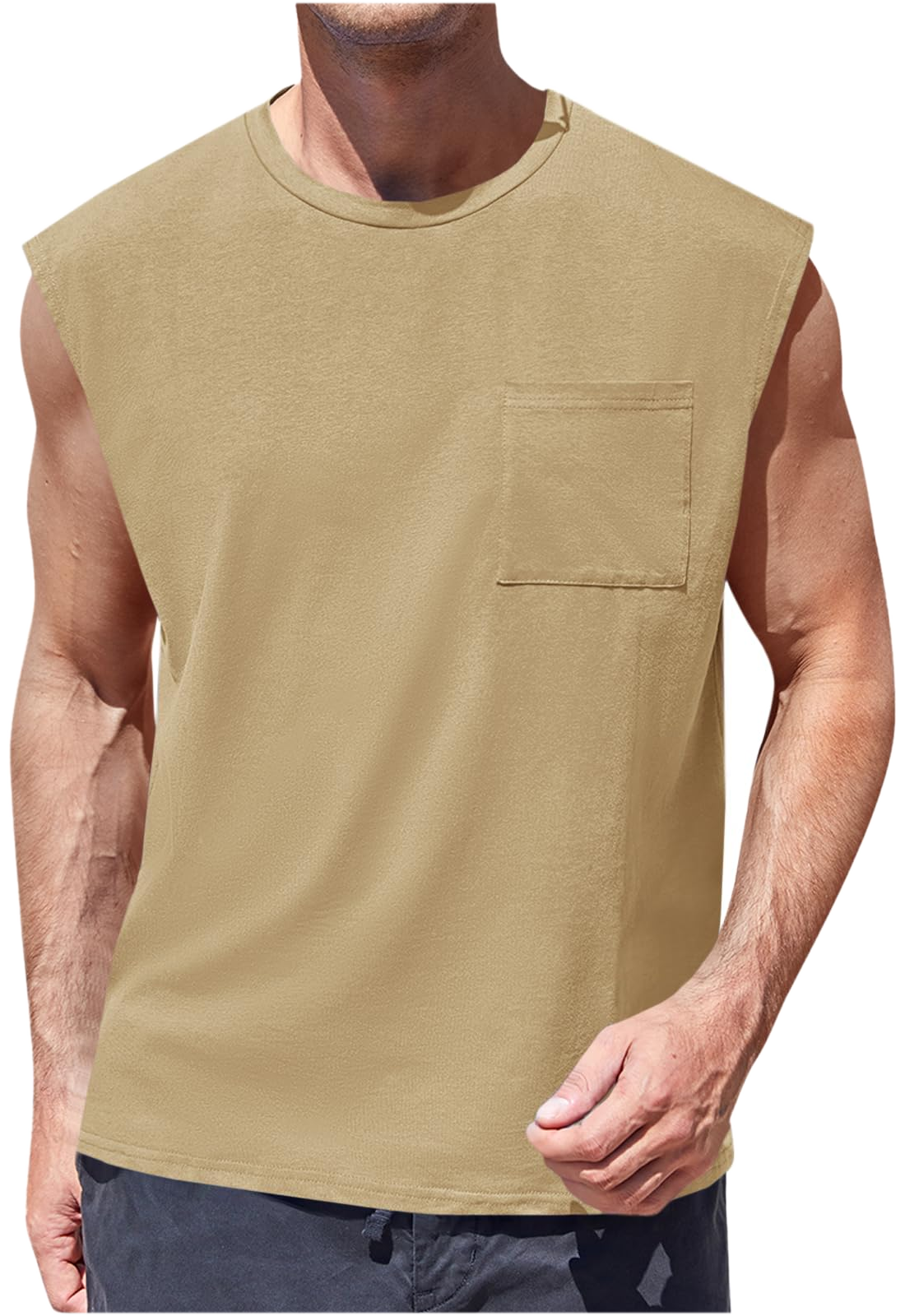 Camiseta Sin Mangas · Corte Cuadrado Con Bolsillo · var:CAQUI