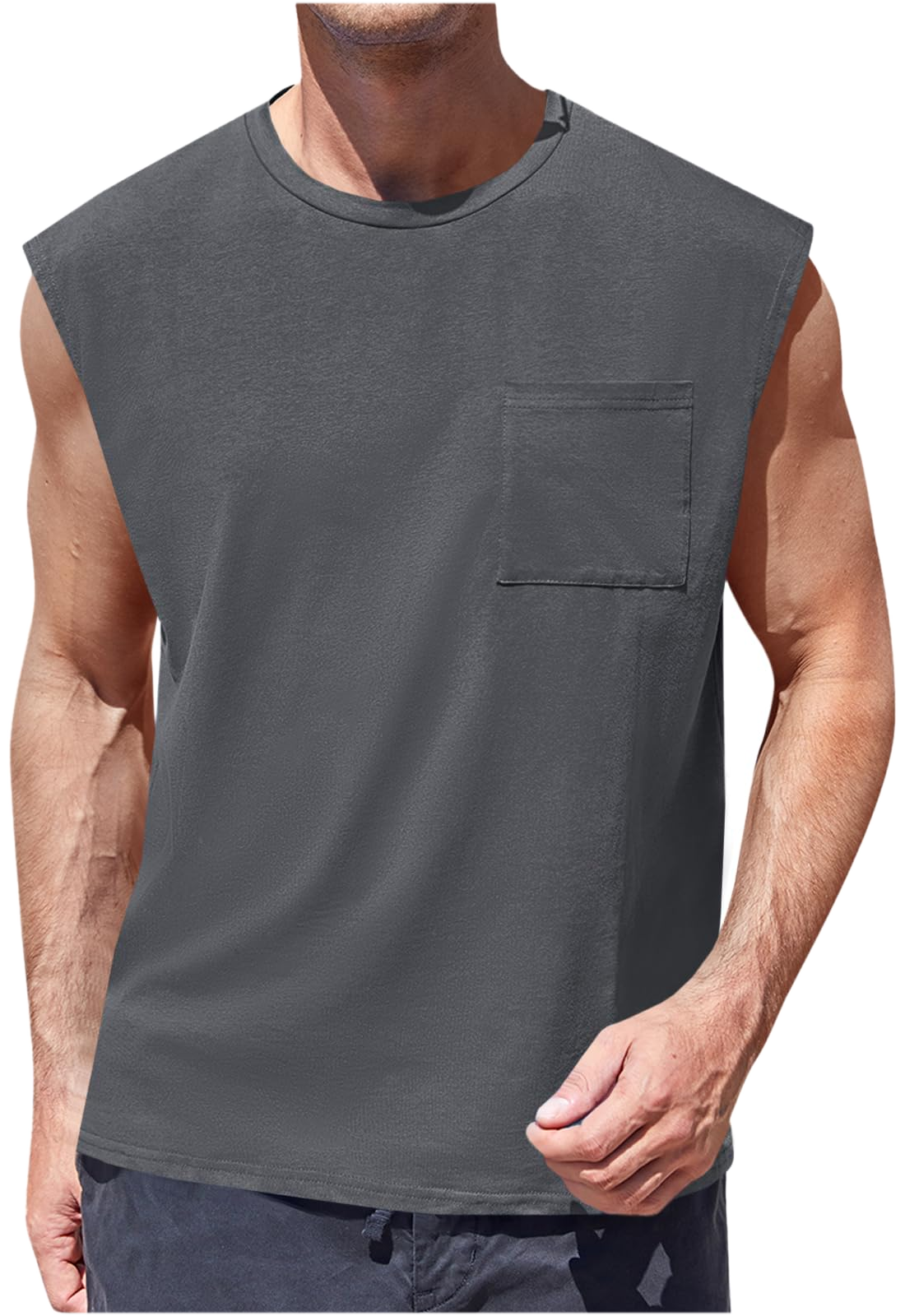 Camiseta Sin Mangas · Corte Cuadrado Con Bolsillo · var:GRIS OSCURO