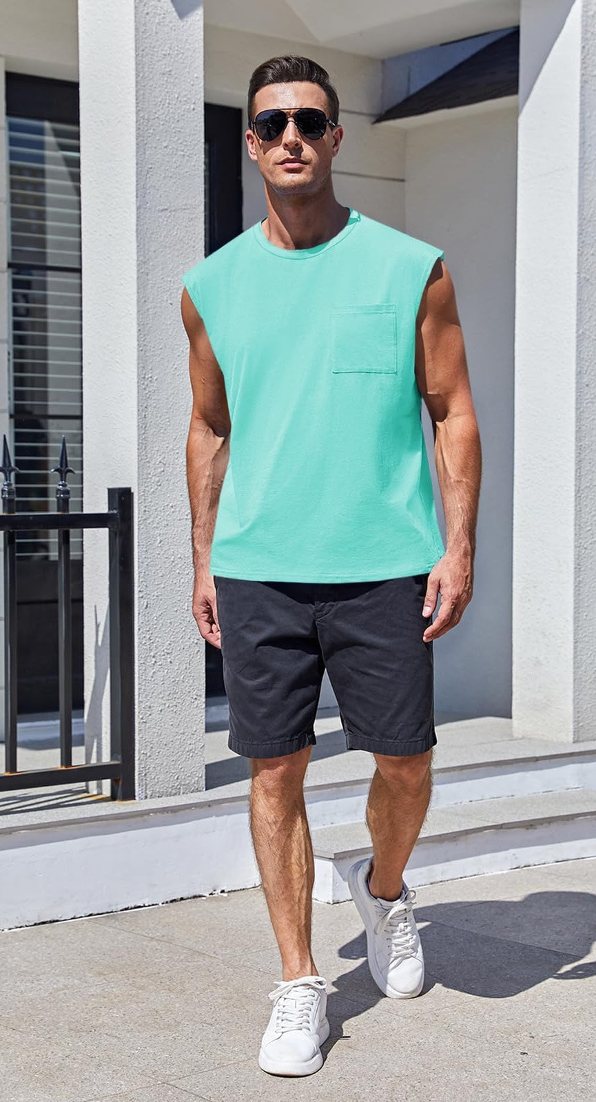 Camiseta Sin Mangas · Corte Cuadrado Con Bolsillo · entero:verde-agua
