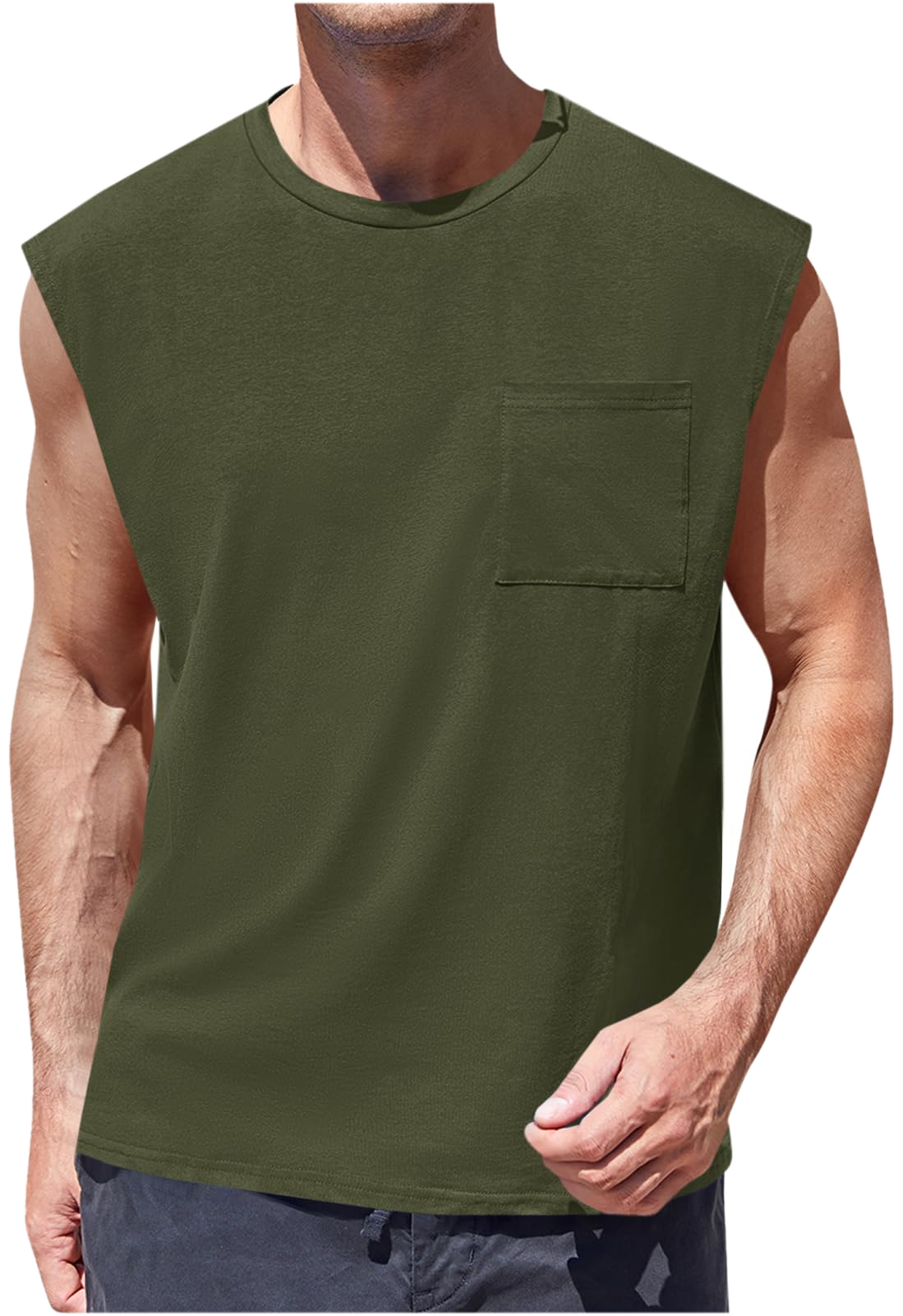 Camiseta Sin Mangas · Corte Cuadrado Con Bolsillo · var:VERDE OLIVO