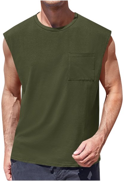 Camiseta Sin Mangas · Corte Cuadrado Con Bolsillo · var:VERDE OLIVO