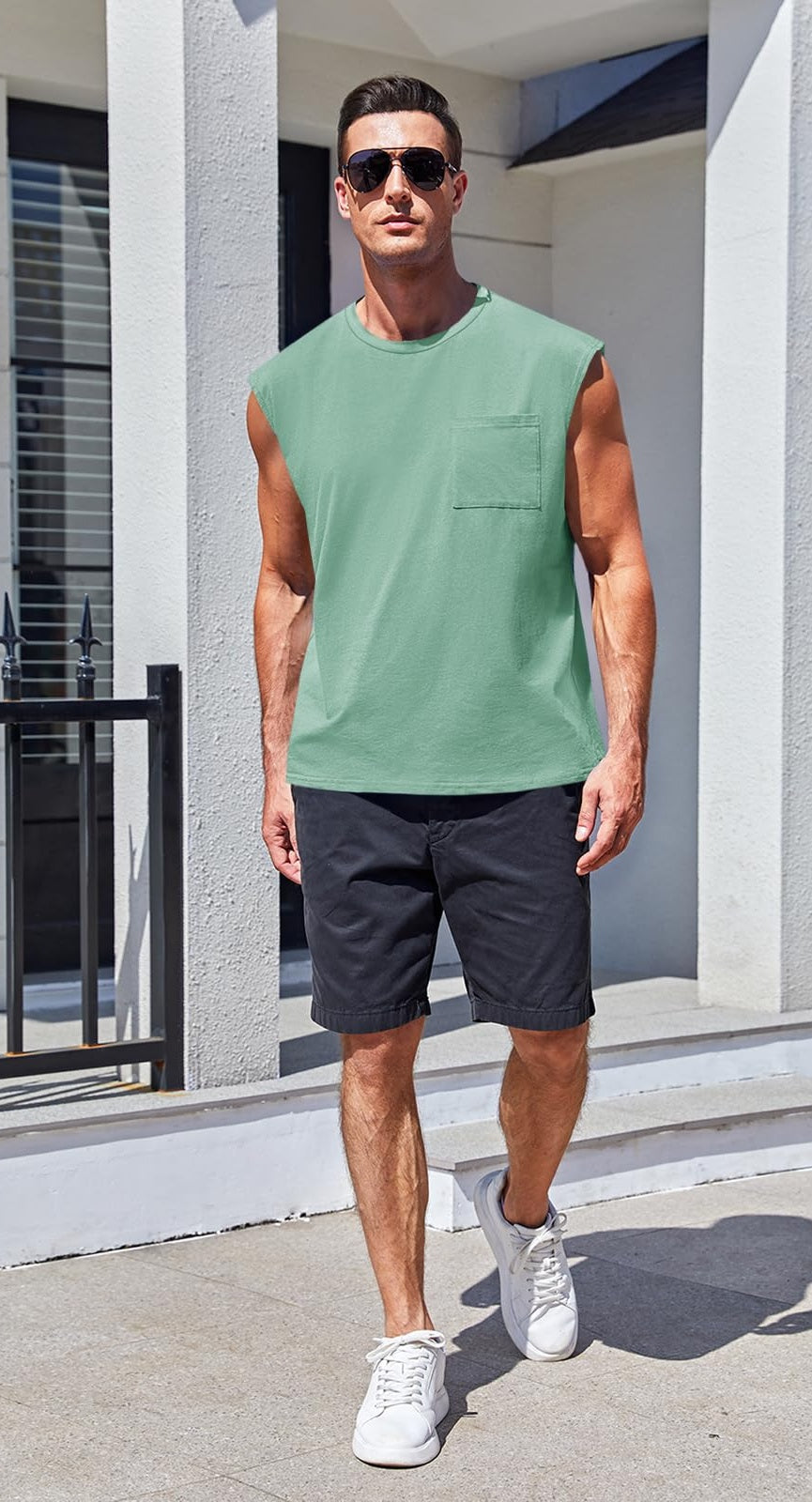 Camiseta Sin Mangas · Corte Cuadrado Con Bolsillo · entero:verde-salvia