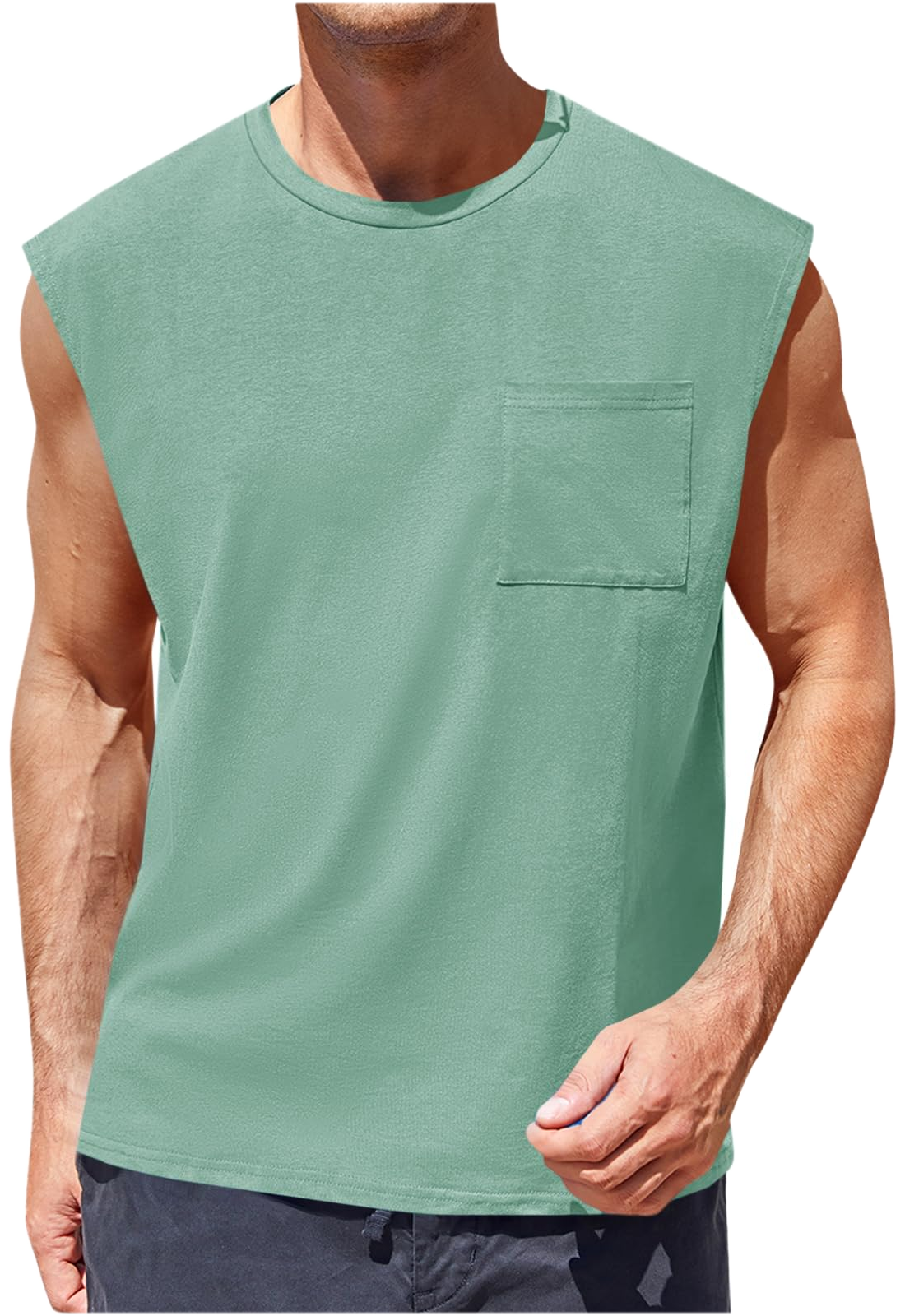 Camiseta Sin Mangas · Corte Cuadrado Con Bolsillo · var:VERDE SALVIA